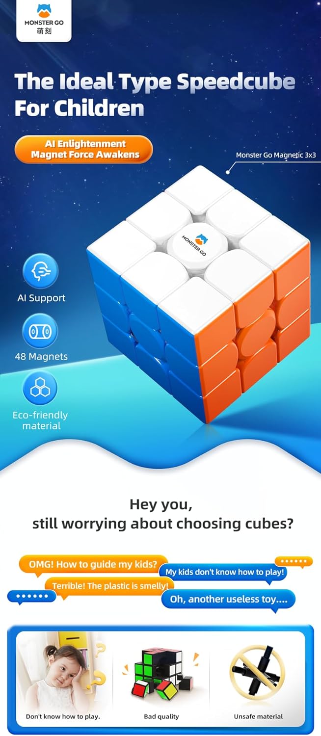 MonsterGo Monster Go Magnetic 3x3 EDU Speed Cube Stickerless 48 Magnets 3D Puzzle Toy for Kids Teens and Adults Educational Practice with MG EDU 56mm by KsmToys