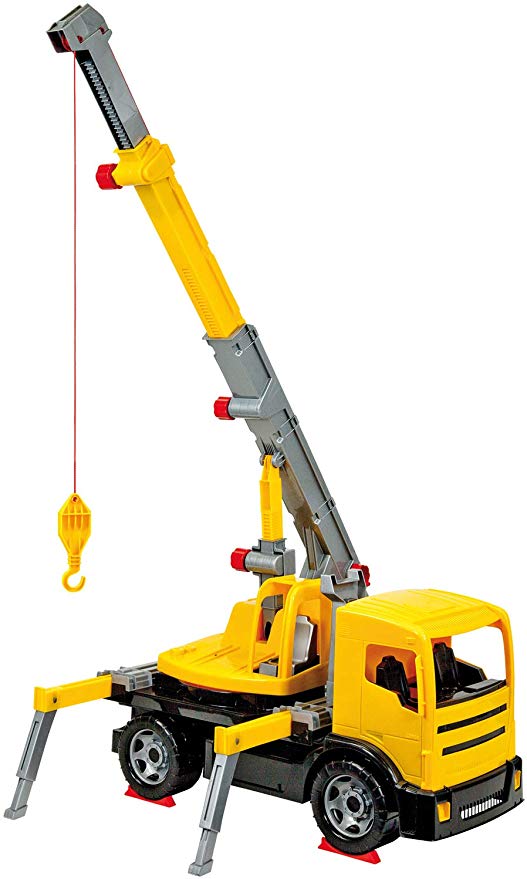LENA Powerful Giants Toy Crane Truck with 360° 3 ft rotating extendable boom in Yellow / Black