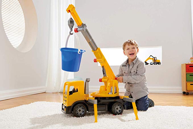LENA Powerful Giants Toy Crane Truck with 360° 3 ft rotating extendable boom in Yellow / Black
