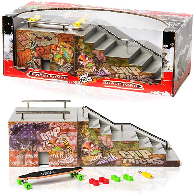 FunBox Mini Pro Set with Ramp, Staircase, Rails and Skateboard by Grip & Tricks