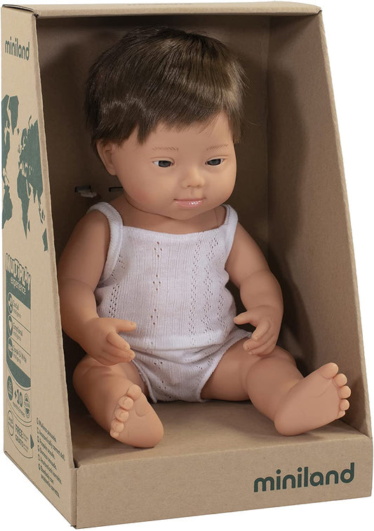 Soft Body Brown Hair Down Syndrome Baby Doll Boy Caucasian Anatomically Correct Fully Articulated Posable in Size of 15"