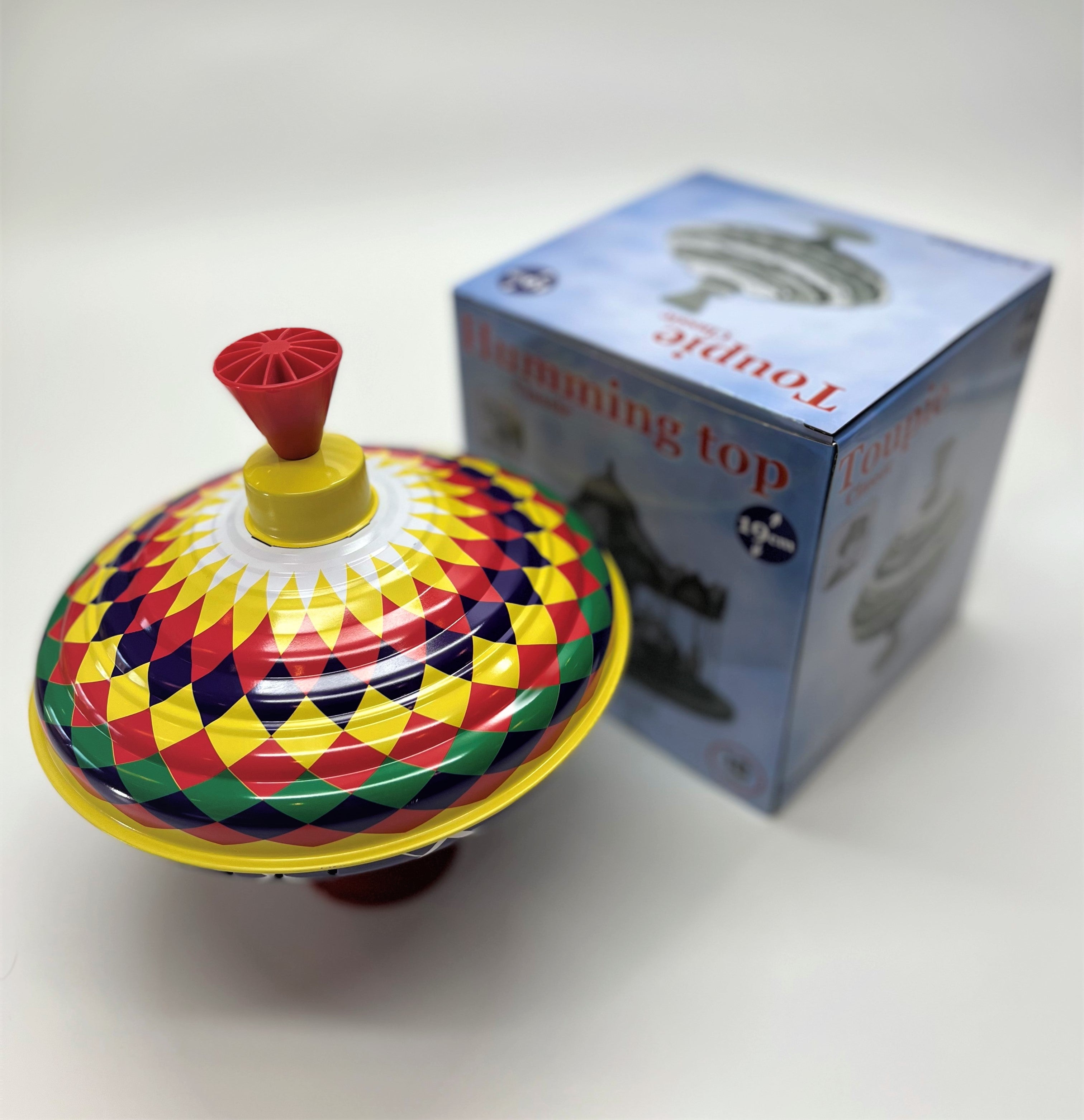 Classic Multicolor Spinning Tin Top Toy from KsmToys by Bolz. The Funny Buzzing Hum Gets Louder As The Top Spins Faster, 7.5" x 7.5" x 7.5" Ages 18 m+