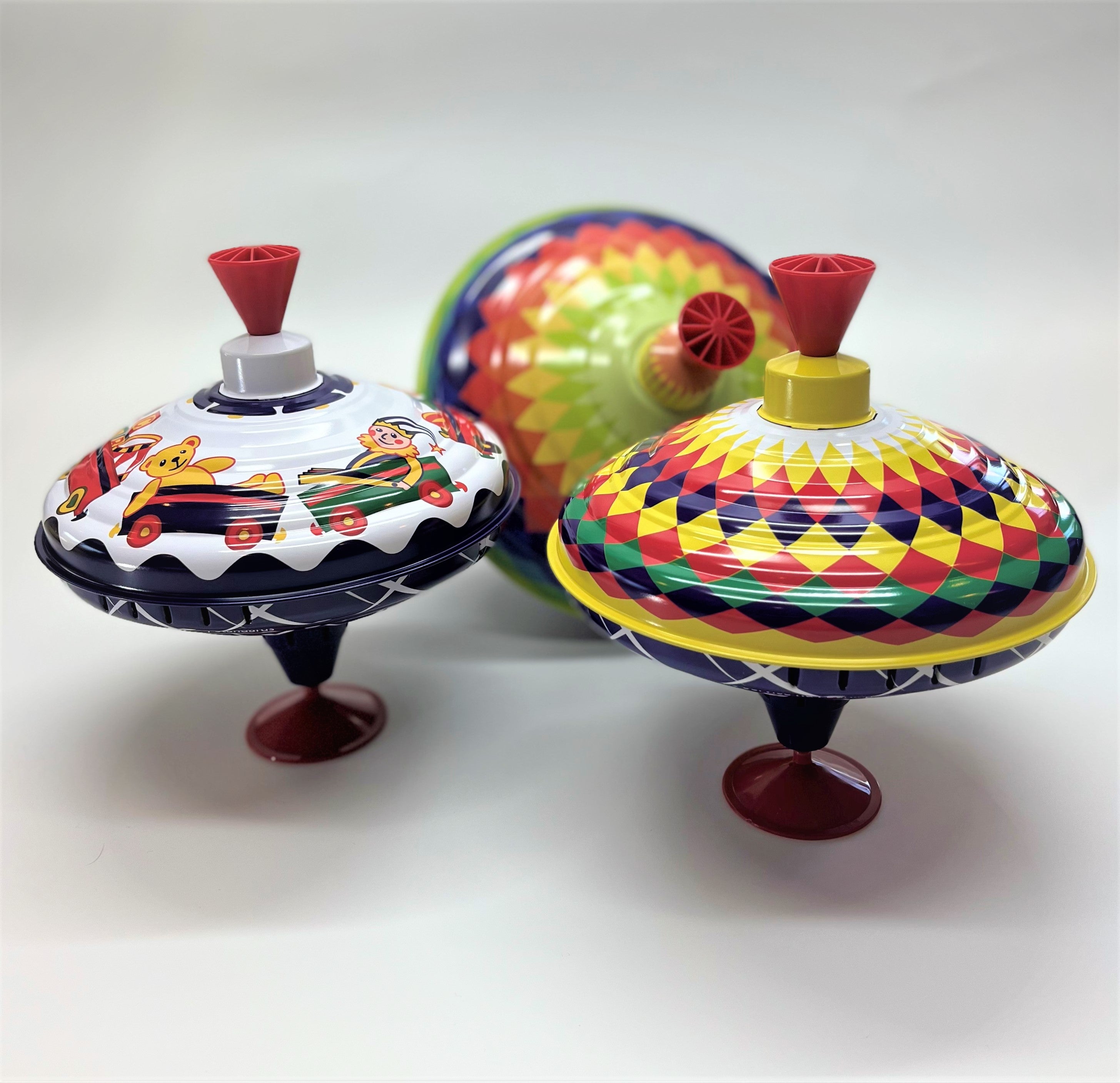Classic Multicolor Spinning Tin Top Toy from KsmToys by Bolz. The Funny Buzzing Hum Gets Louder As The Top Spins Faster, 7.5" x 7.5" x 7.5" Ages 18 m+