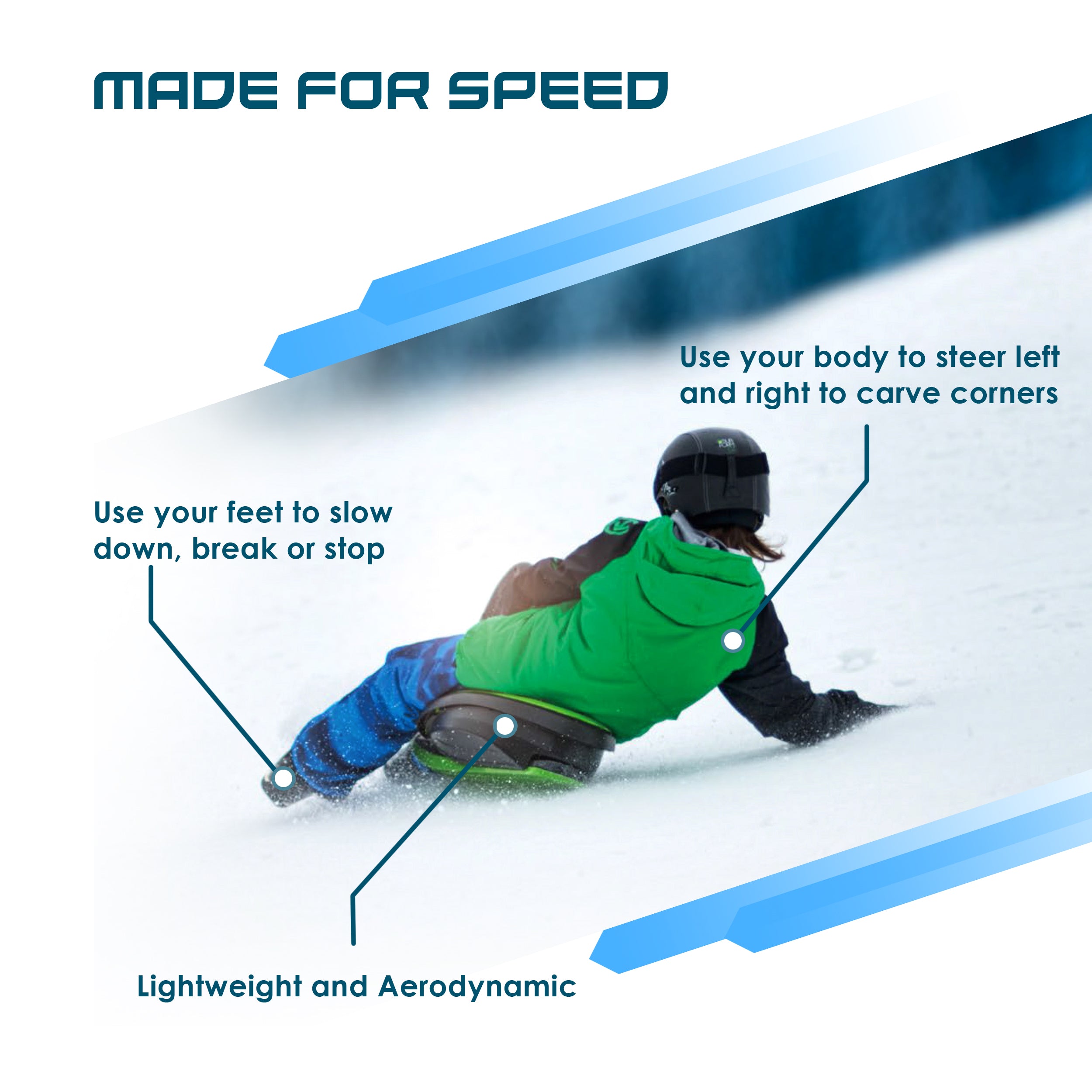 Snow Sled Skidrifter Ski Sled for Kids and Adults with Manual Stability Program Button in Monster BLUE ICE Gizmo Riders
